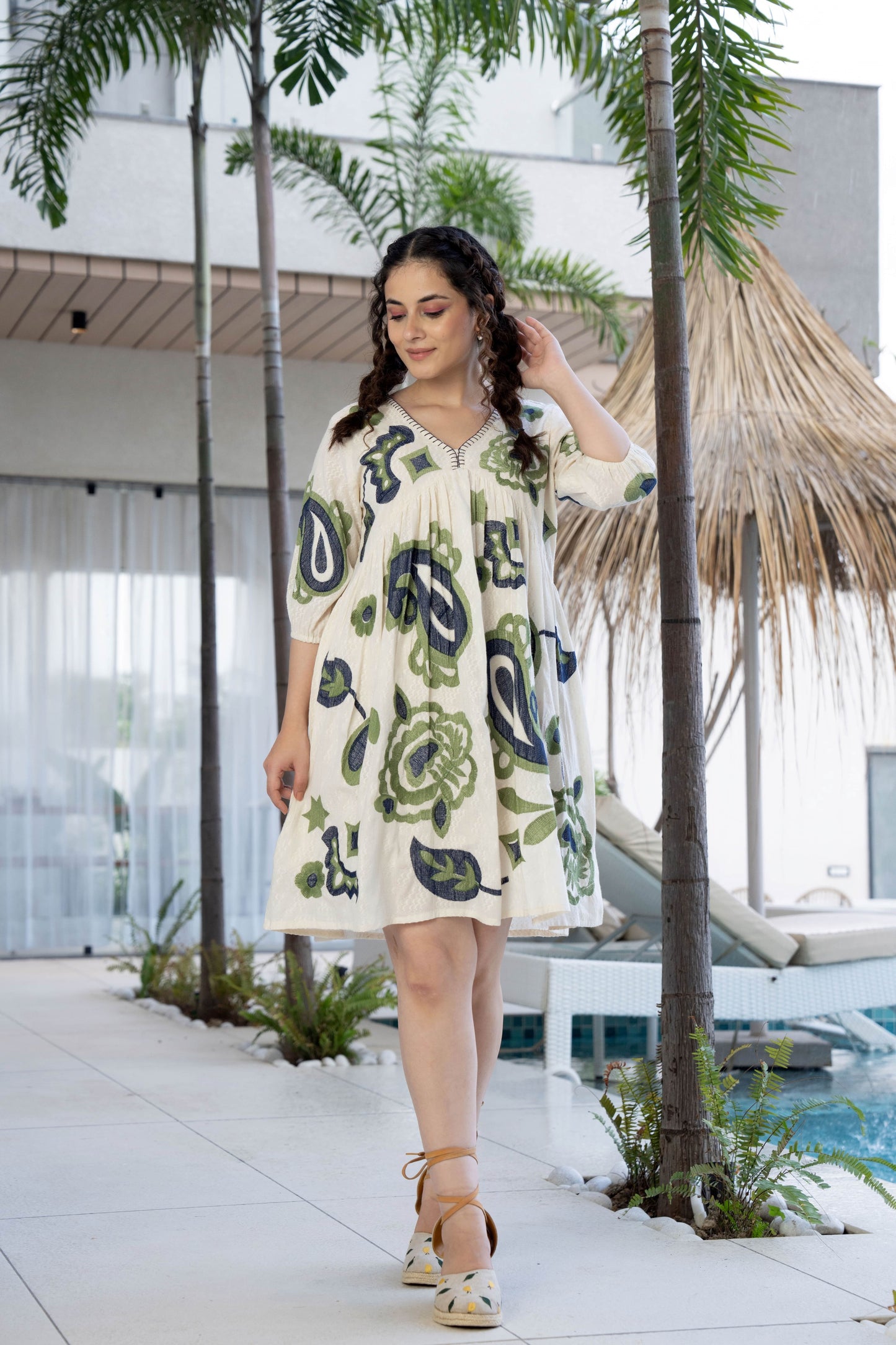 Green and Blue Cotton Embroidered Short Dress