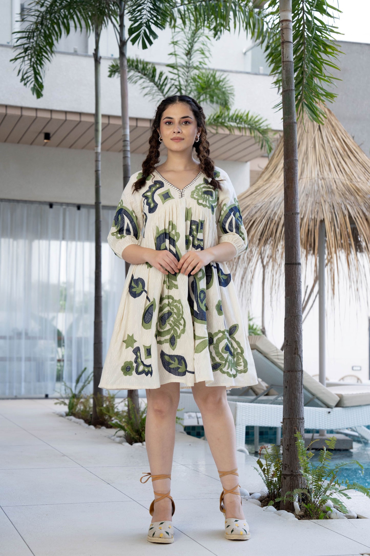 Green and Blue Cotton Embroidered Short Dress