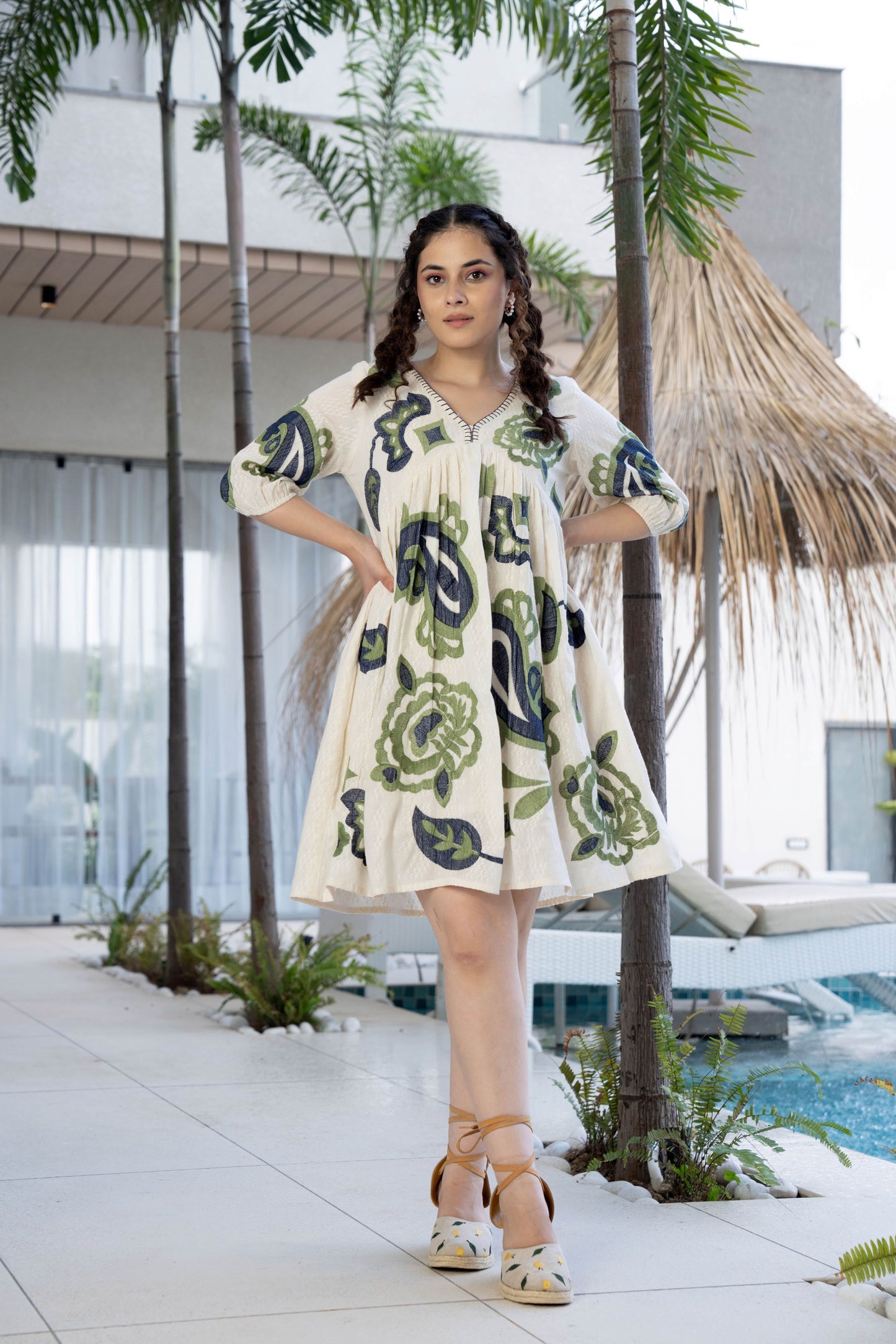 Green and Blue Cotton Embroidered Short Dress