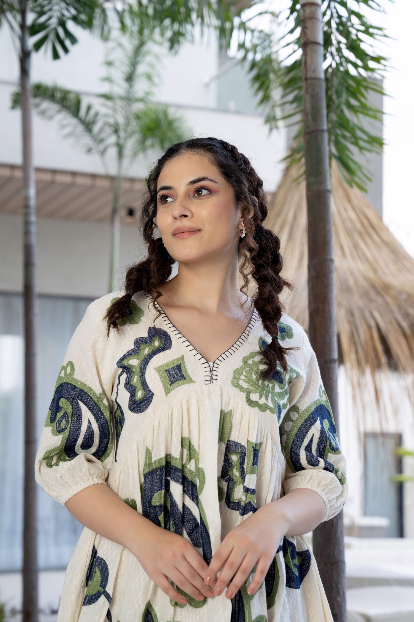 Green and Blue Cotton Embroidered Short Dress