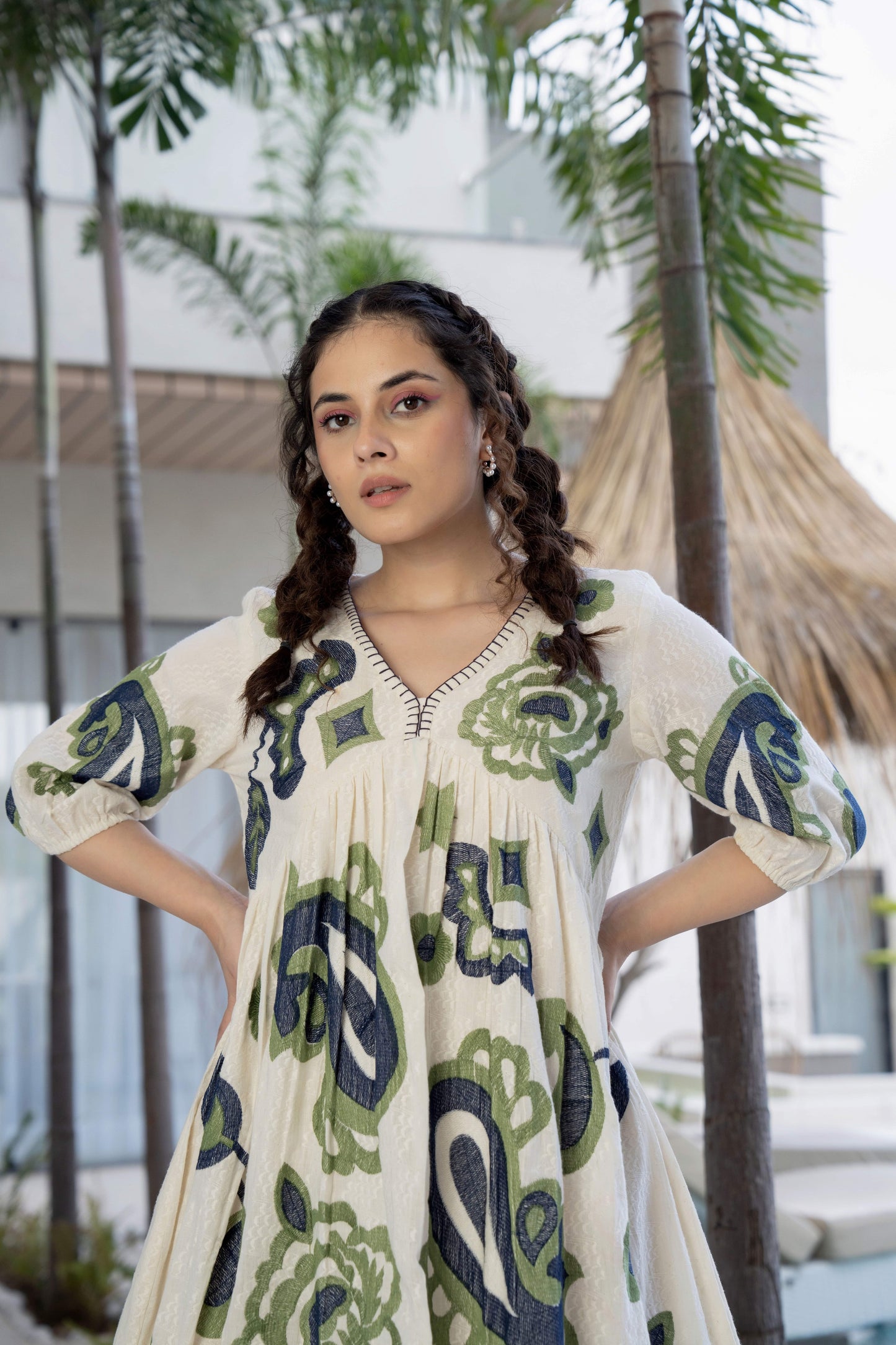 Green and Blue Cotton Embroidered Short Dress