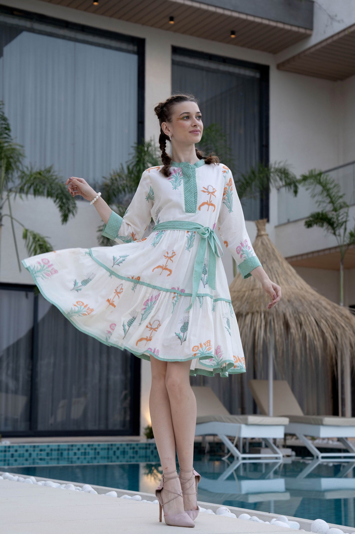 White Sea Green Cotton Printed Short Dress With Belt