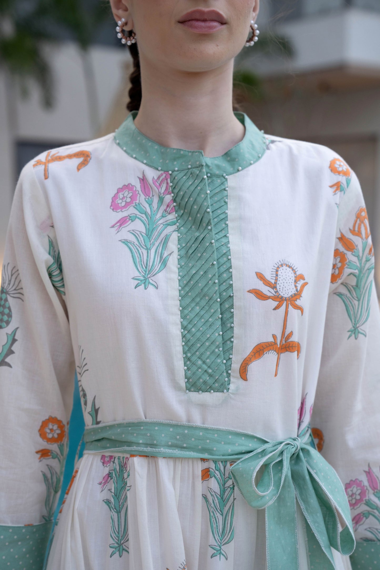 White Sea Green Cotton Printed Short Dress With Belt