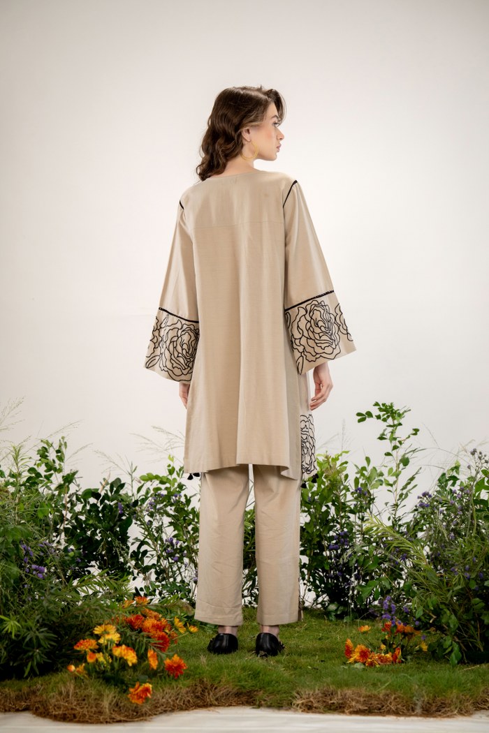 Elegant Beige Floral Embroidered Co-Ord Set