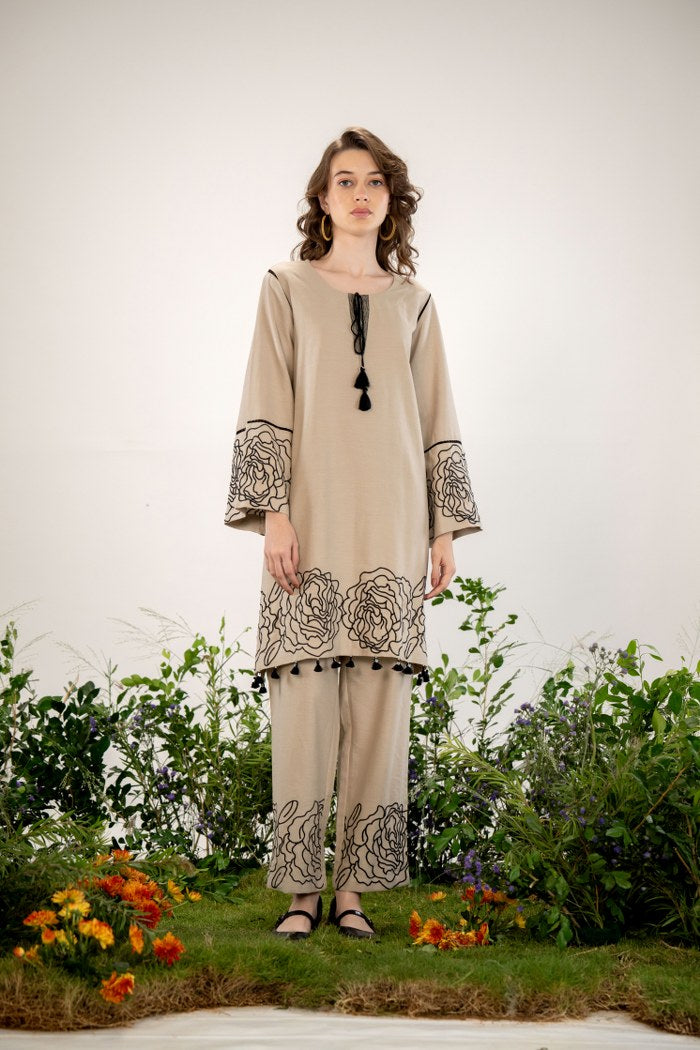 Elegant Beige Floral Embroidered Co-Ord Set