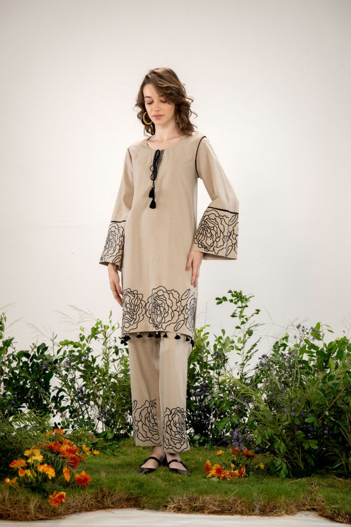 Elegant Beige Floral Embroidered Co-Ord Set