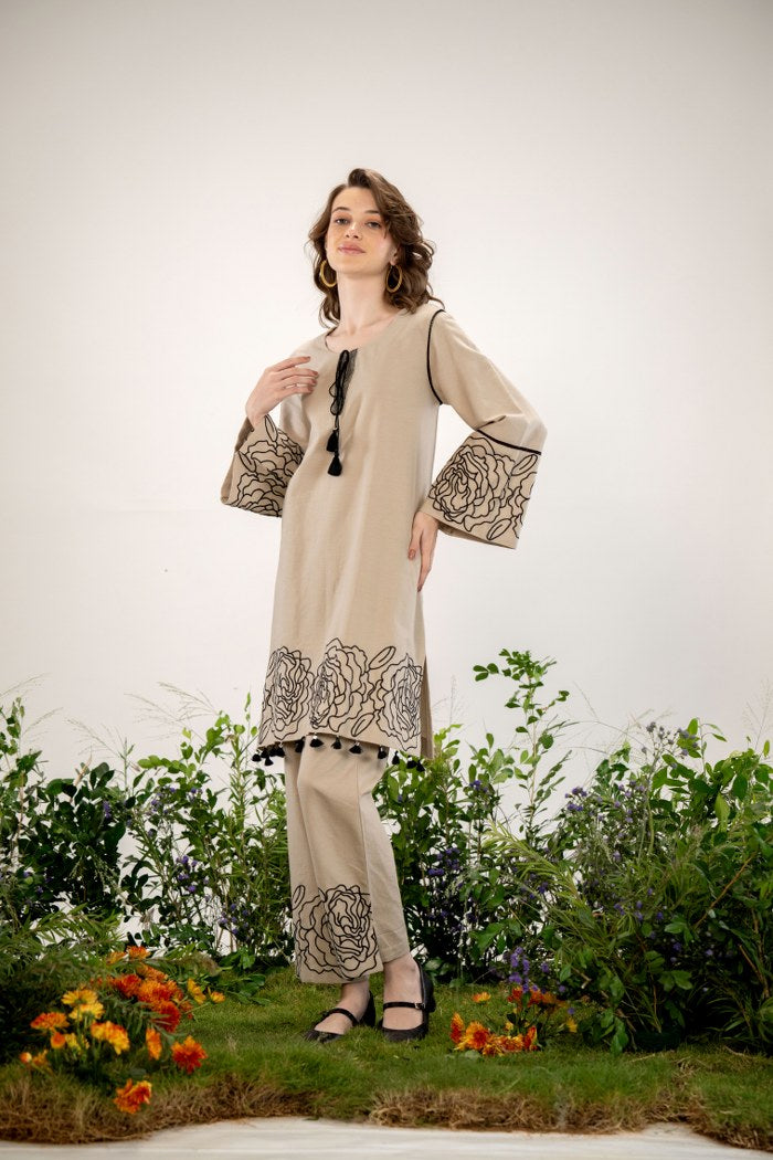 Elegant Beige Floral Embroidered Co-Ord Set