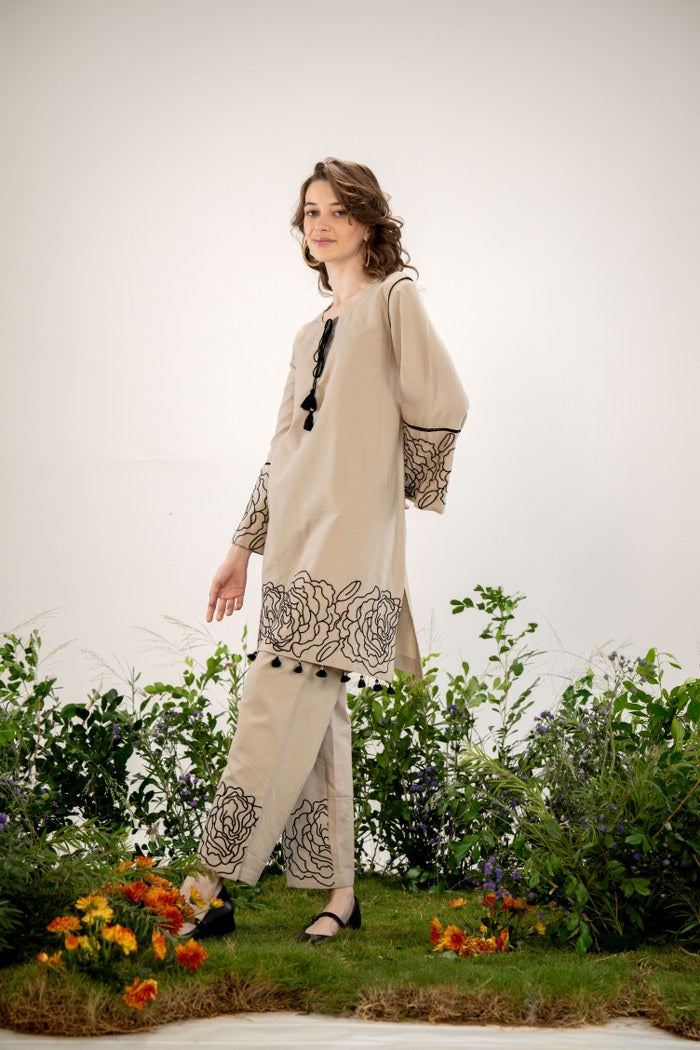 Elegant Beige Floral Embroidered Co-Ord Set