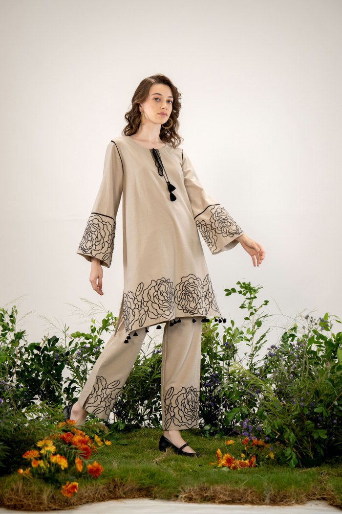 Elegant Beige Floral Embroidered Co-Ord Set