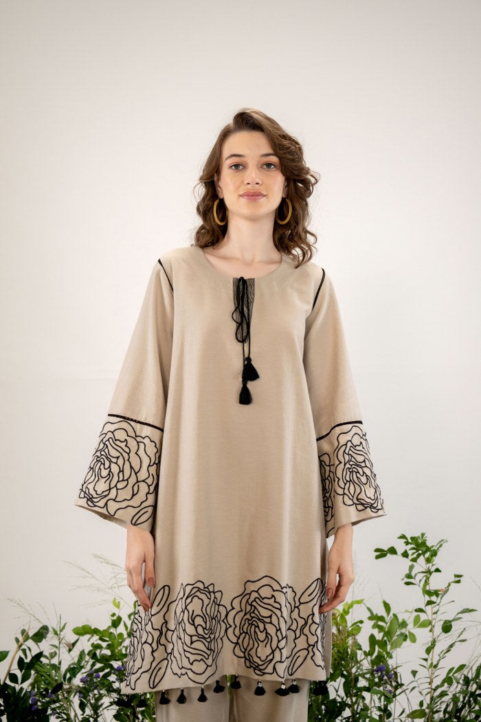 Elegant Beige Floral Embroidered Co-Ord Set