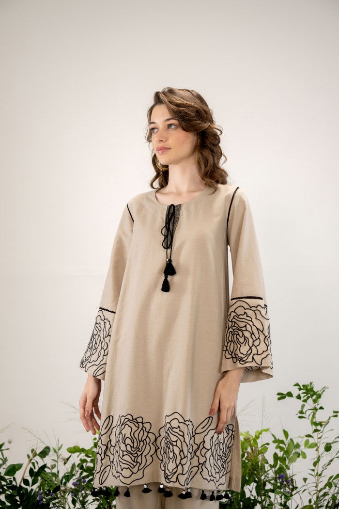 Elegant Beige Floral Embroidered Co-Ord Set