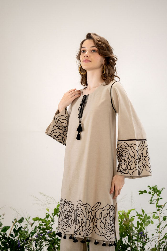 Elegant Beige Floral Embroidered Co-Ord Set