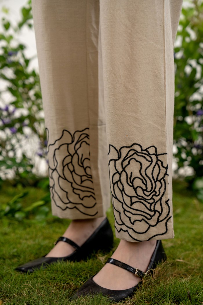 Elegant Beige Floral Embroidered Co-Ord Set