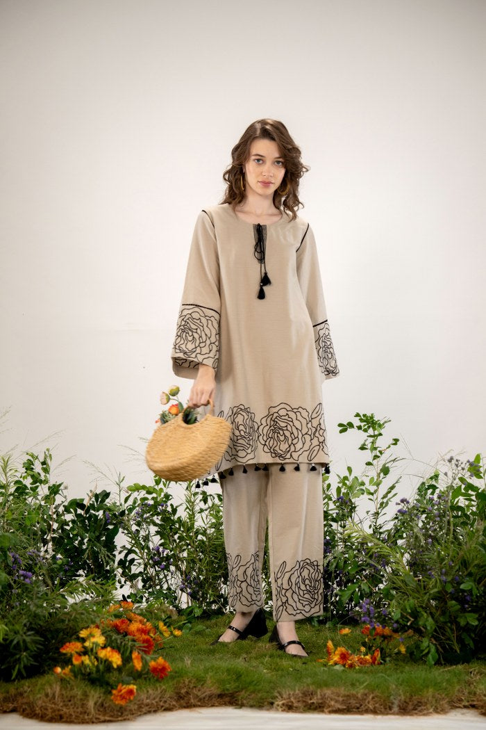 Elegant Beige Floral Embroidered Co-Ord Set