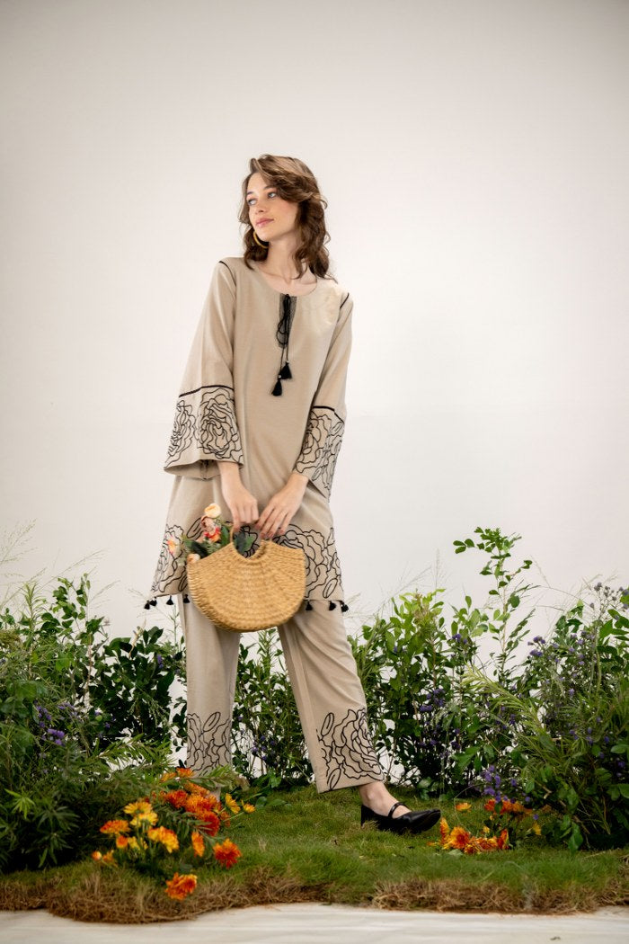 Elegant Beige Floral Embroidered Co-Ord Set