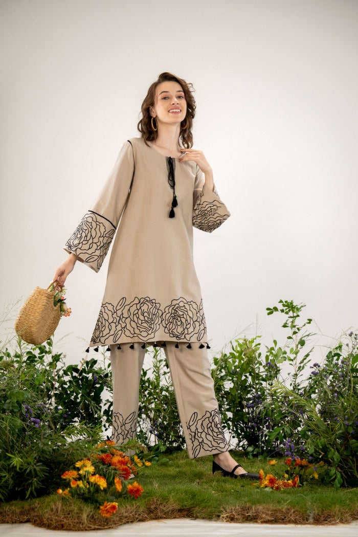 Elegant Beige Floral Embroidered Co-Ord Set