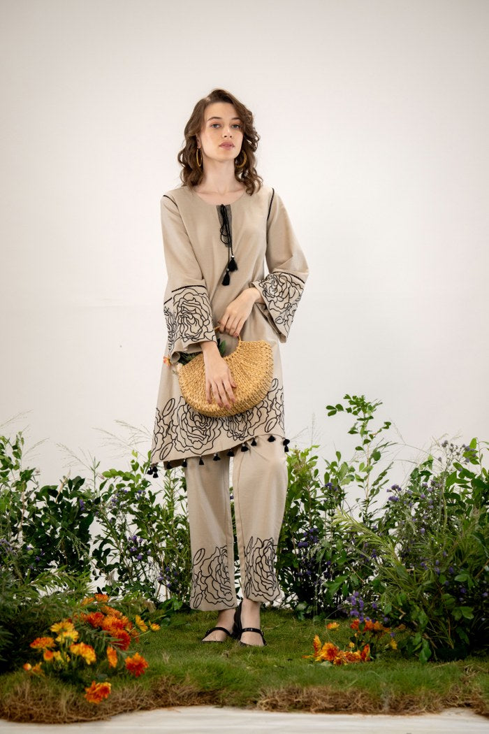 Elegant Beige Floral Embroidered Co-Ord Set