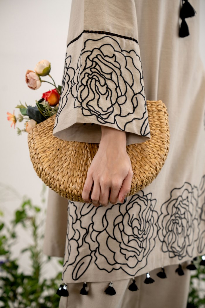 Elegant Beige Floral Embroidered Co-Ord Set