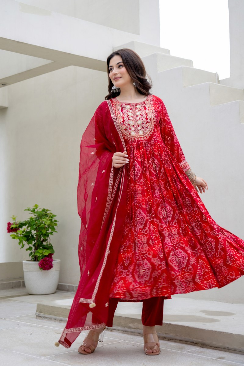 Red Bhandej Anarkali Kurta Pant Dupatta