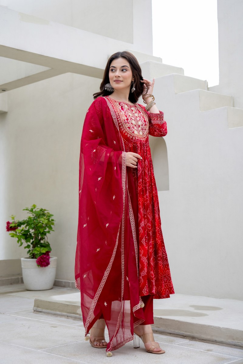 Red Bhandej Anarkali Kurta Pant Dupatta
