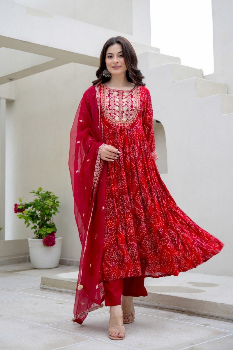 Red Bhandej Anarkali Kurta Pant Dupatta