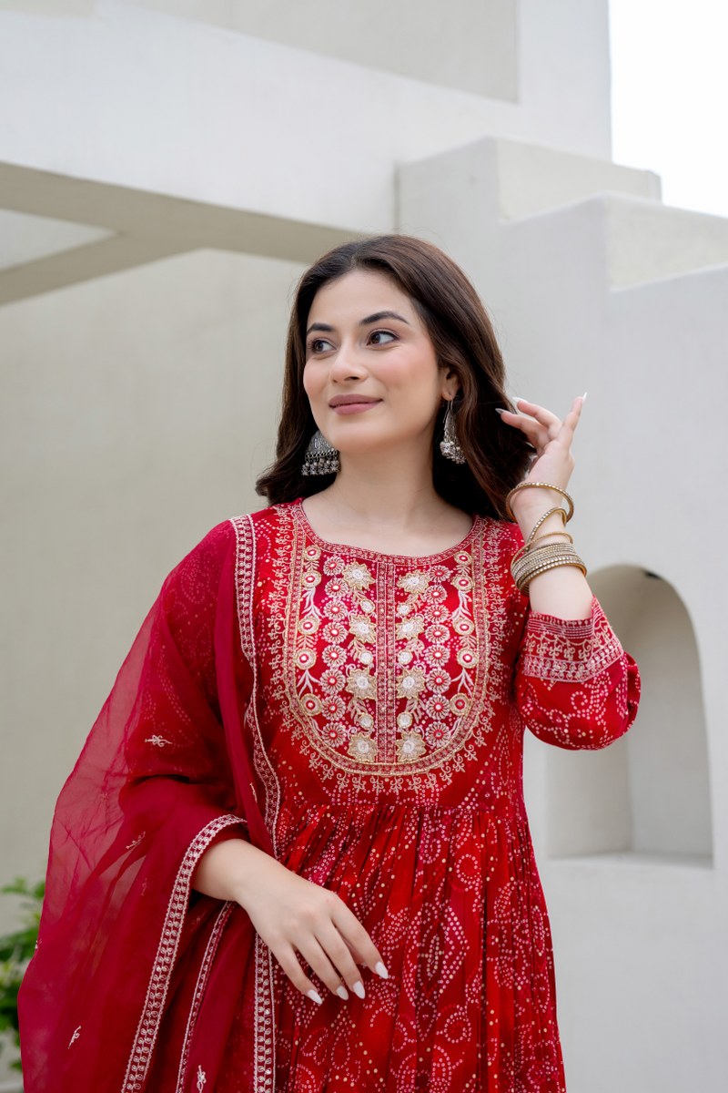 Red Bhandej Anarkali Kurta Pant Dupatta