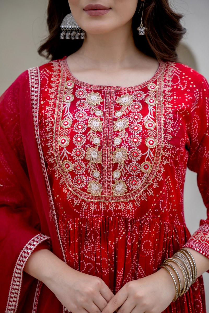 Red Bhandej Anarkali Kurta Pant Dupatta