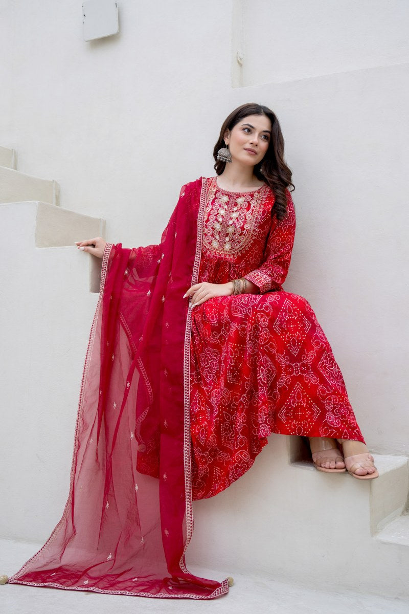 Red Bhandej Anarkali Kurta Pant Dupatta