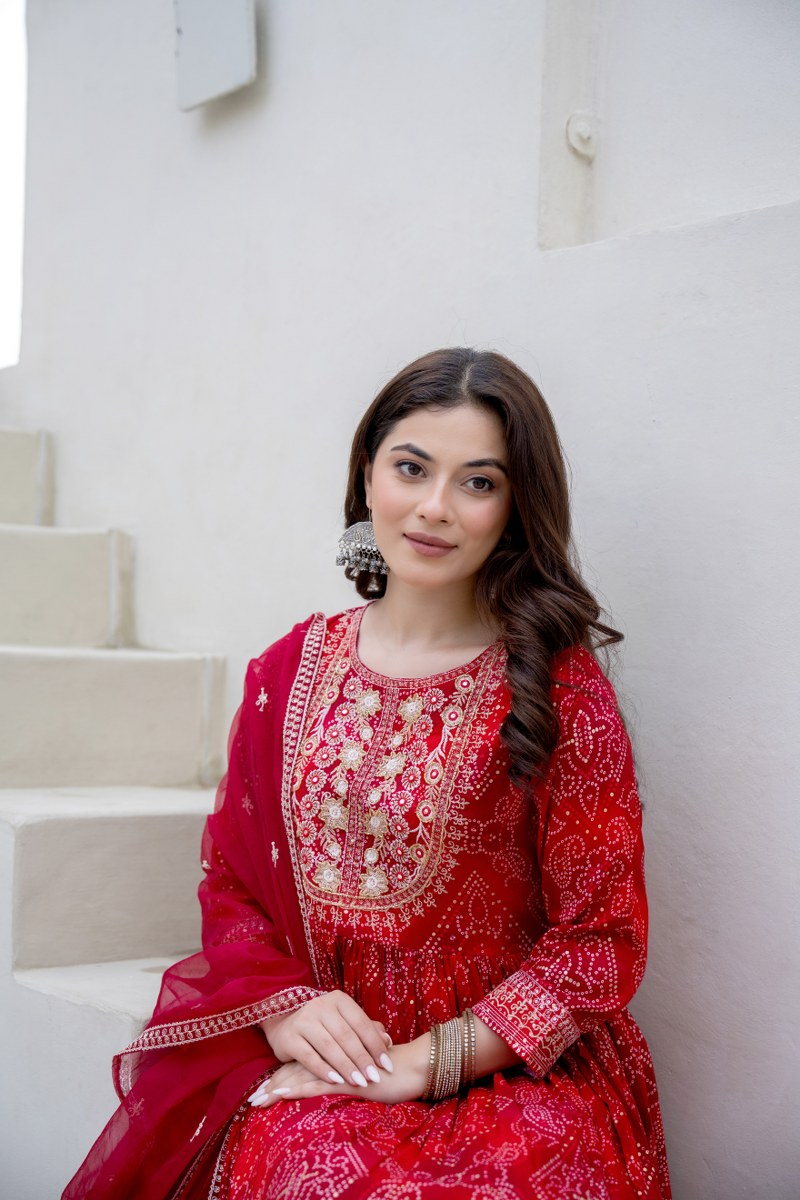 Red Bhandej Anarkali Kurta Pant Dupatta