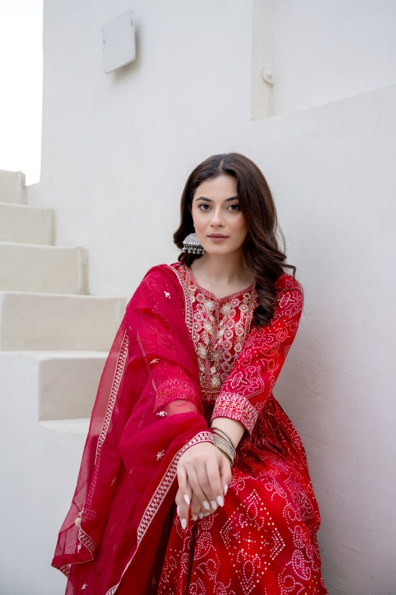 Red Bhandej Anarkali Kurta Pant Dupatta