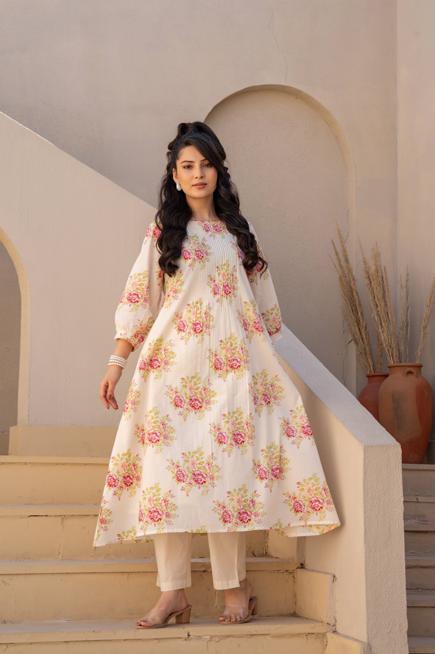 Caramal Floral Cotton Kurta Pant Set