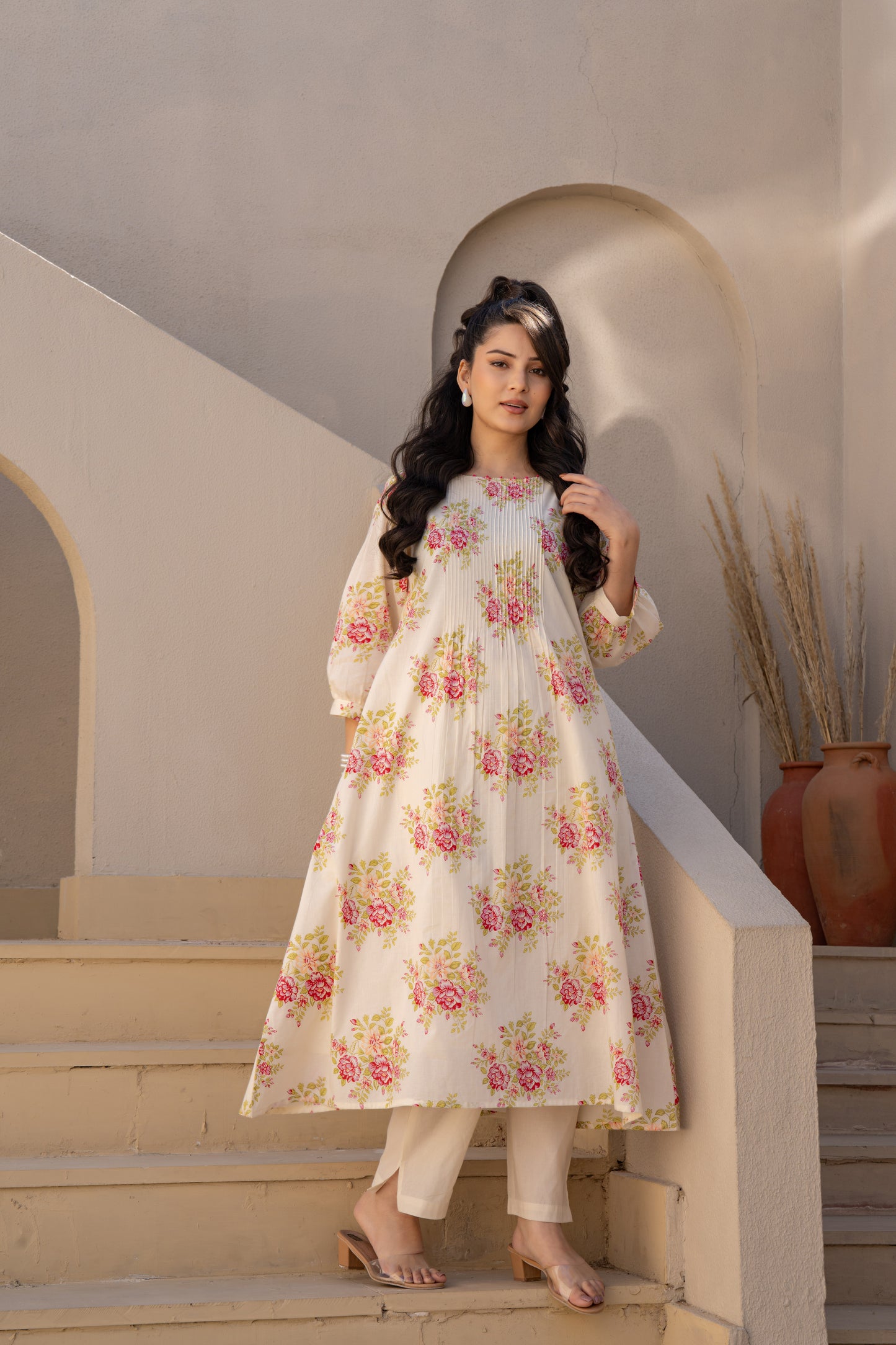 Caramal Floral Cotton Kurta Pant Set