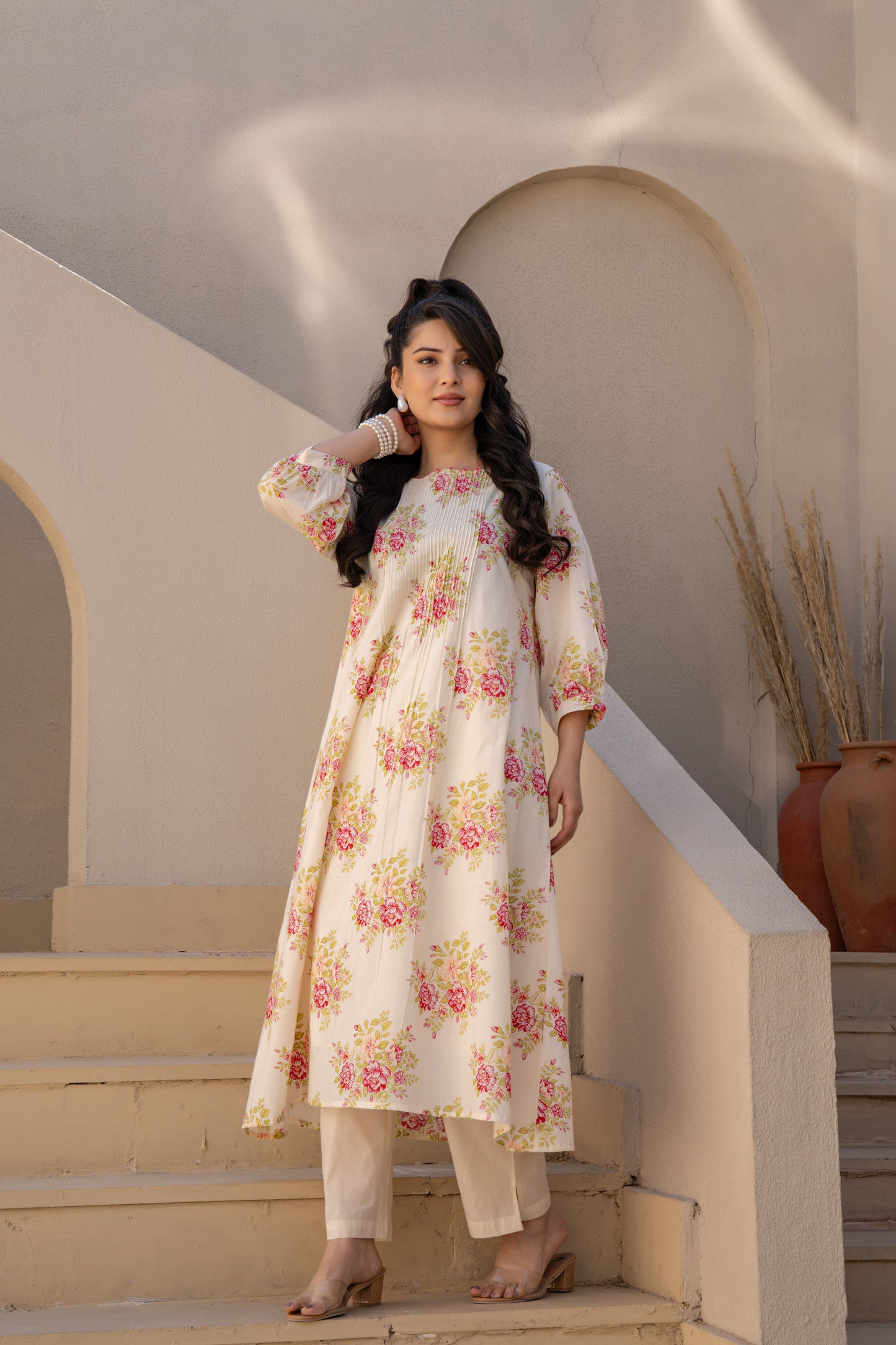 Caramal Floral Cotton Kurta Pant Set