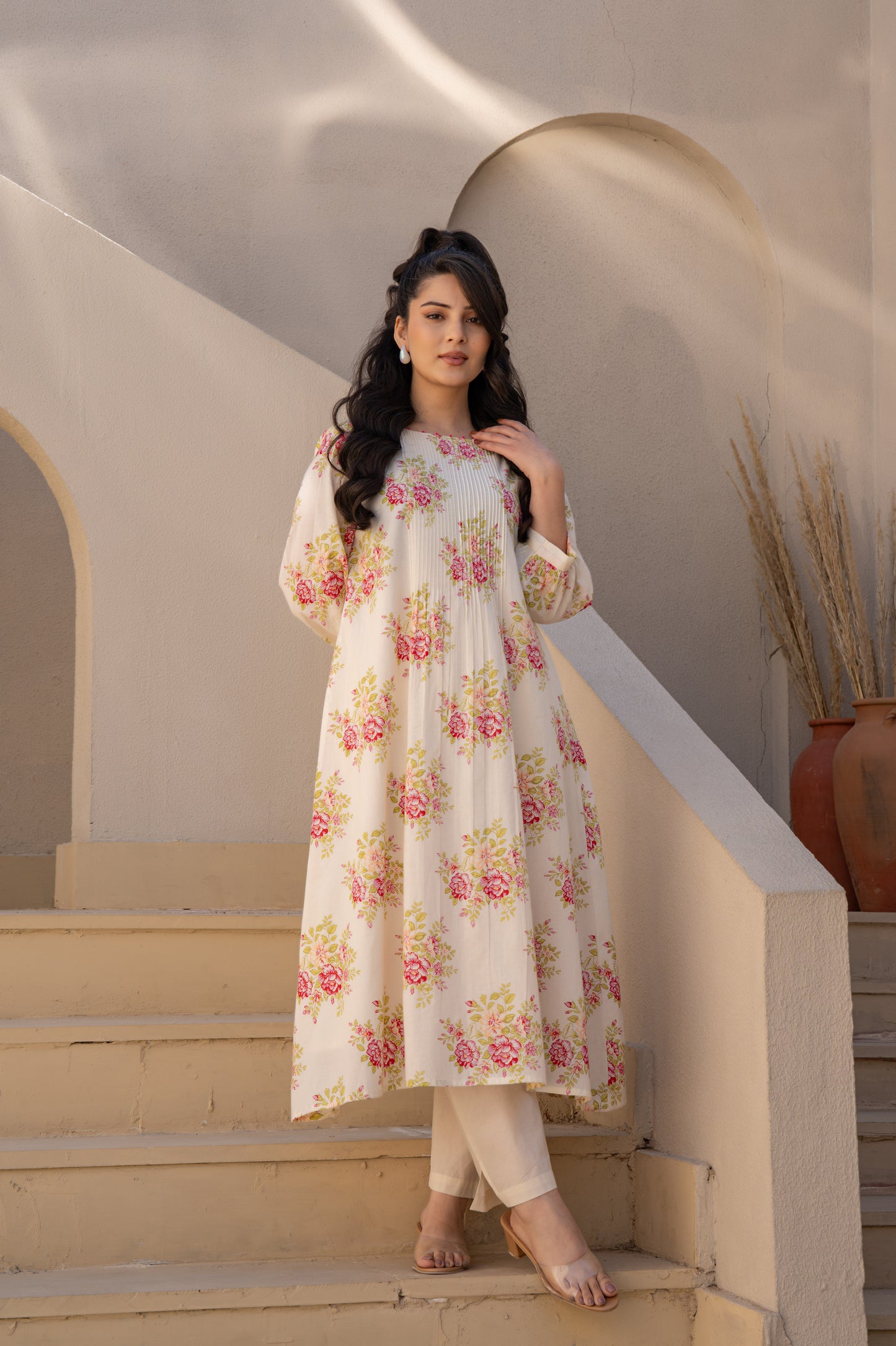 Caramal Floral Cotton Kurta Pant Set