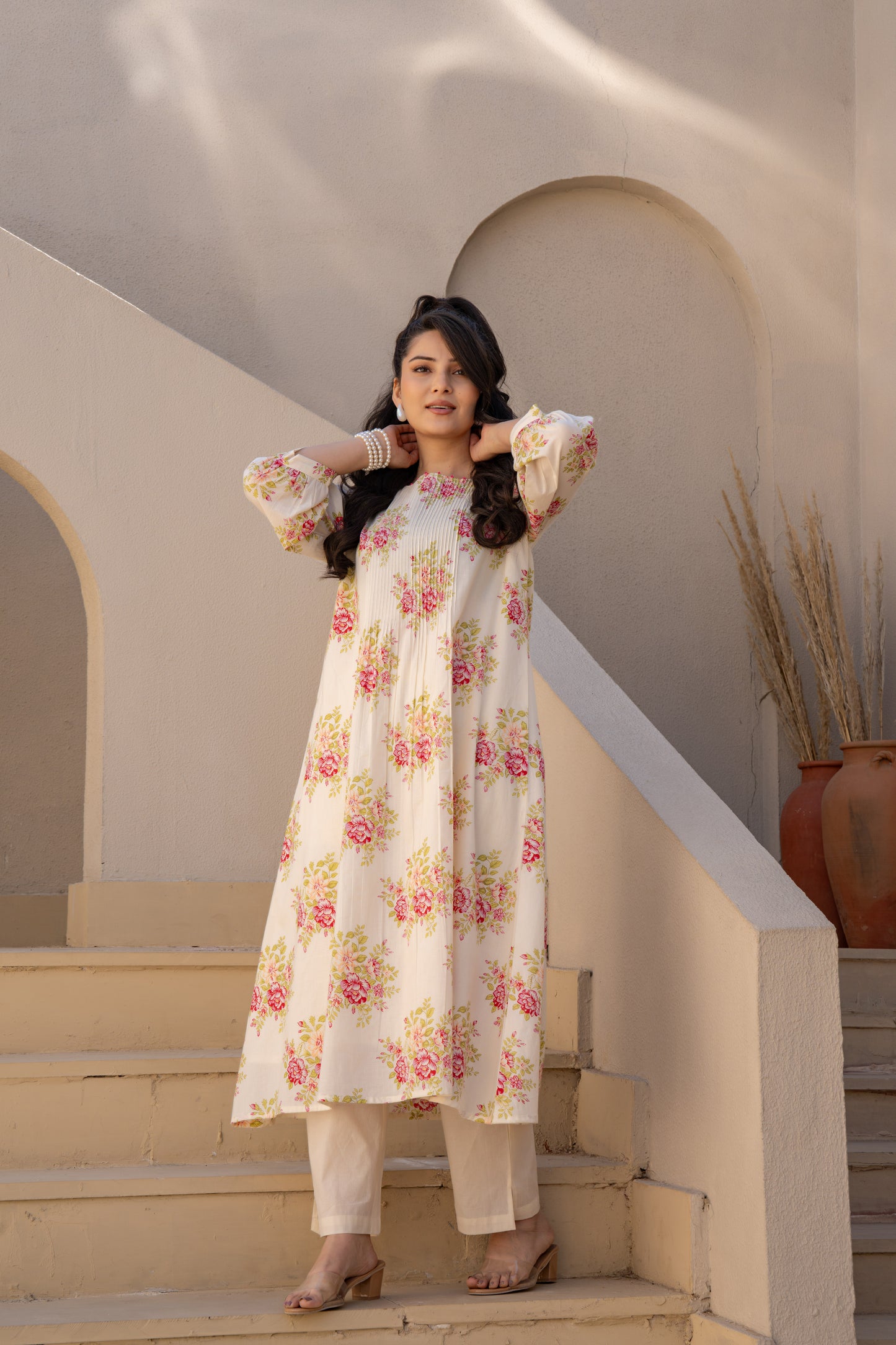 Caramal Floral Cotton Kurta Pant Set