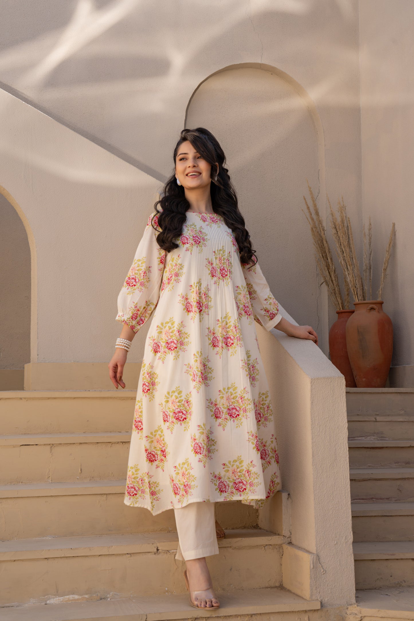 Caramal Floral Cotton Kurta Pant Set