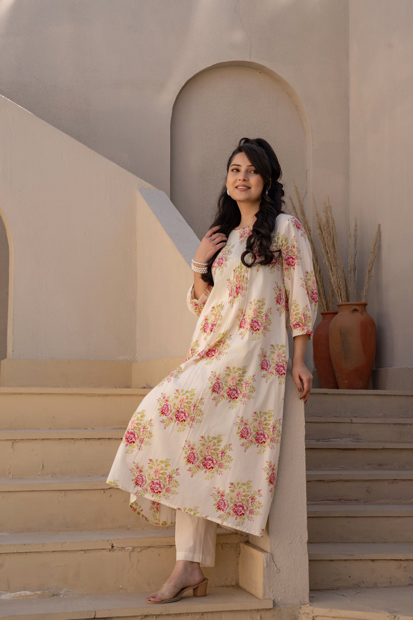 Caramal Floral Cotton Kurta Pant Set