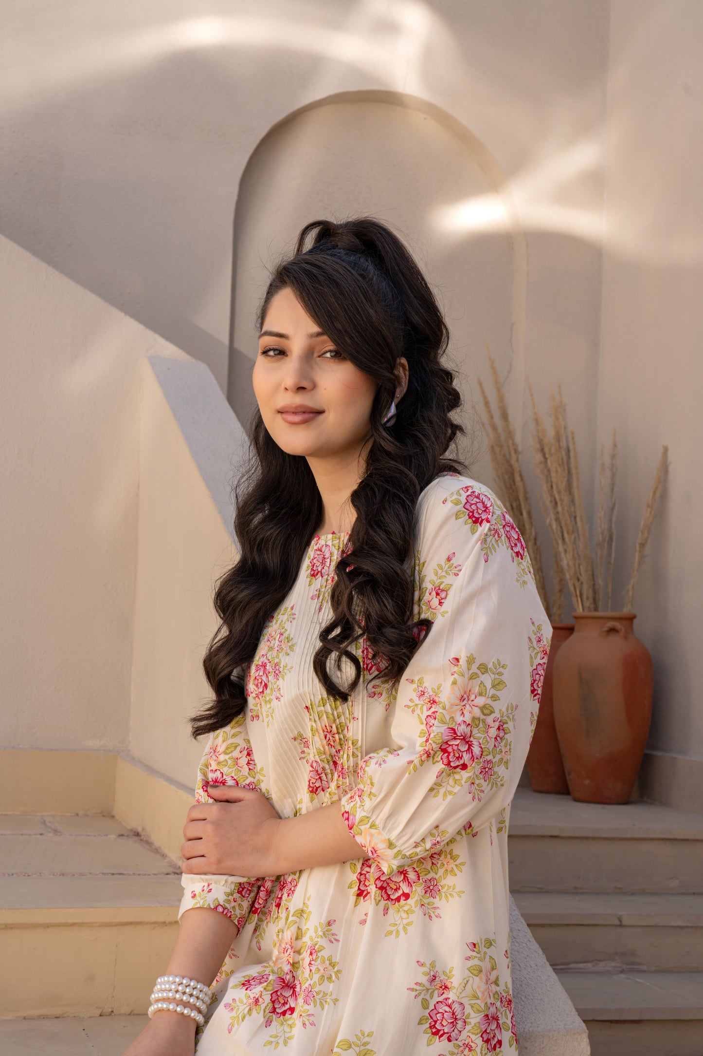 Caramal Floral Cotton Kurta Pant Set