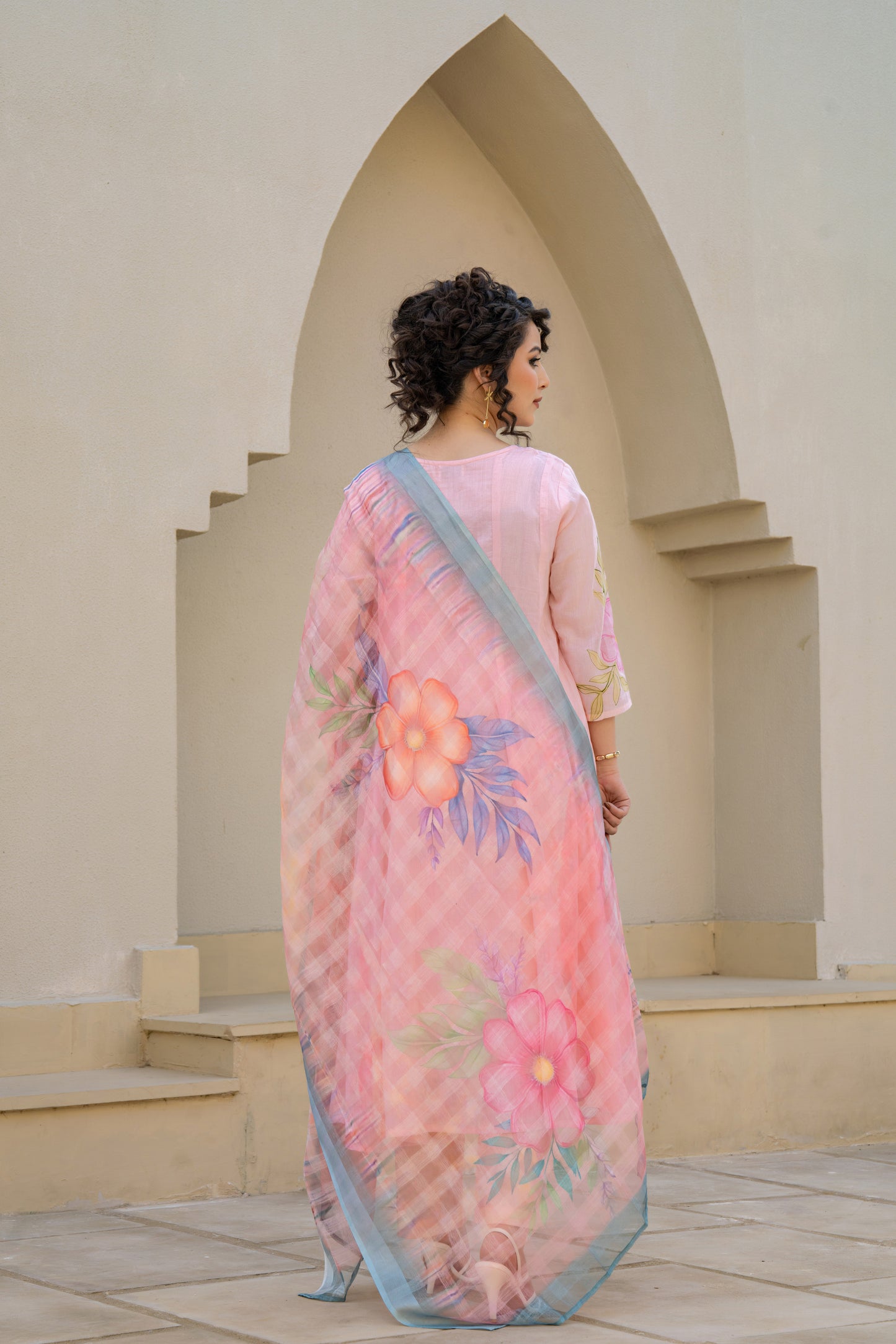 Baby Pink Hand Painted Anarkali Kurta Pant with Kota Doria Dupatta