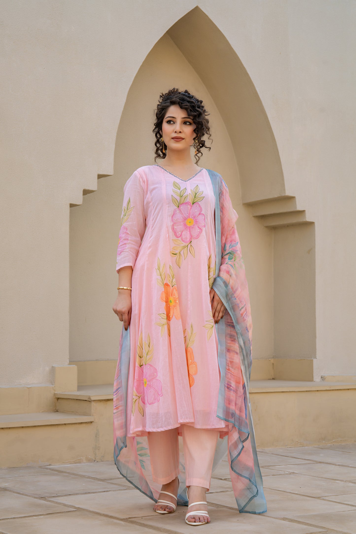 Baby Pink Hand Painted Anarkali Kurta Pant with Kota Doria Dupatta