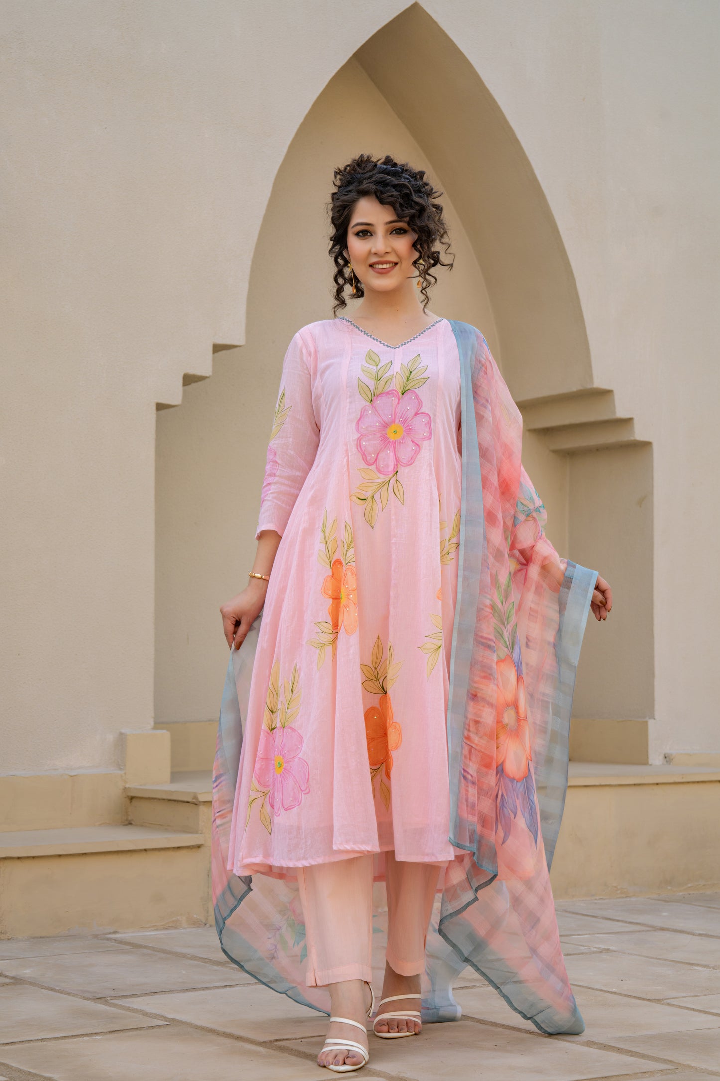 Baby Pink Hand Painted Anarkali Kurta Pant with Kota Doria Dupatta