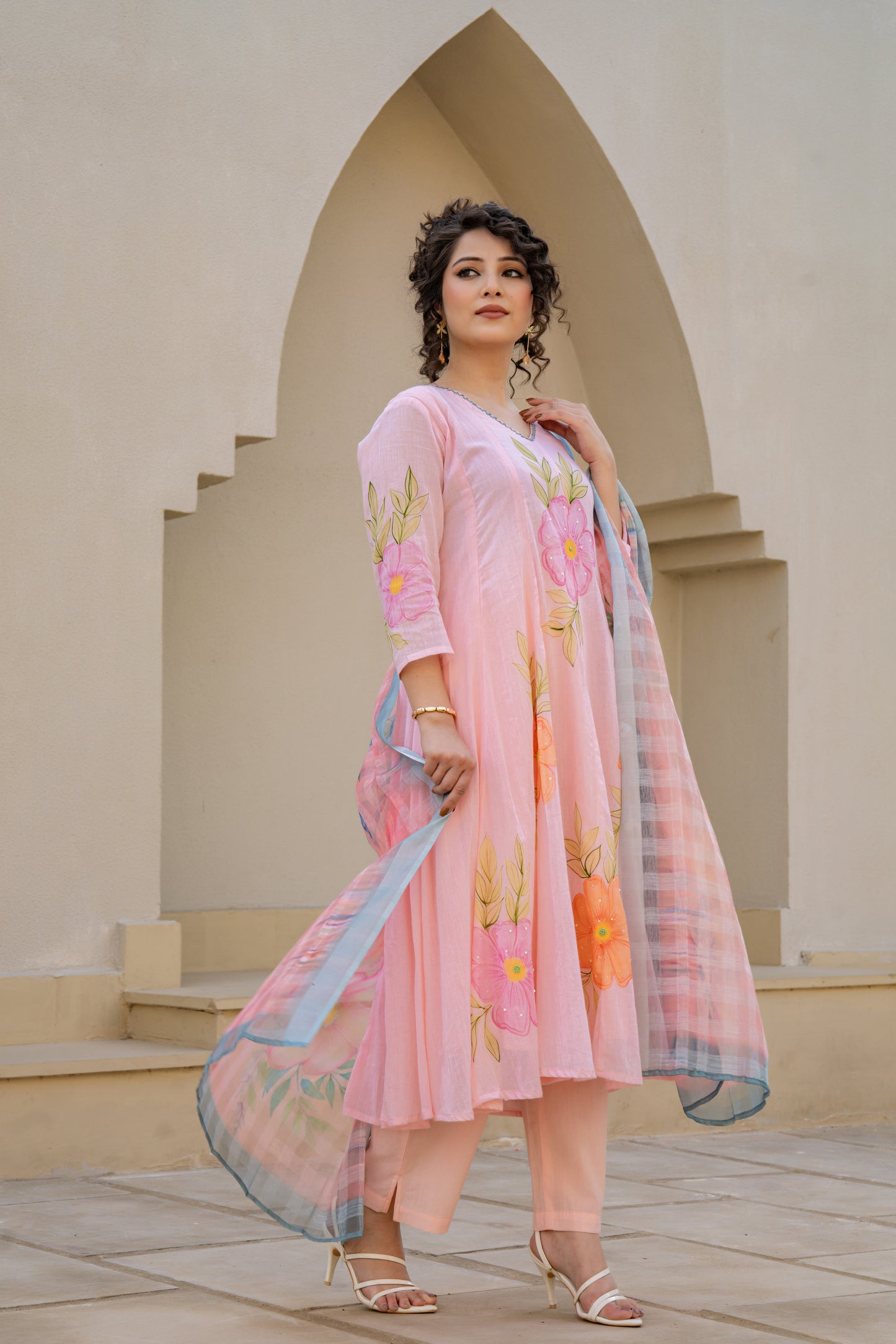 Baby Pink Hand Painted Anarkali Kurta Pant with Kota Doria Dupatta