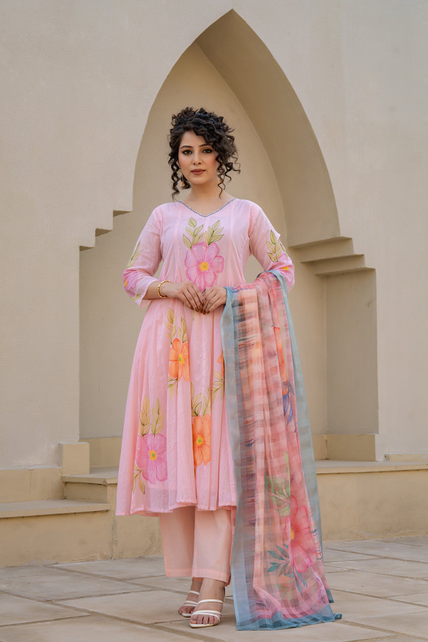 Baby Pink Hand Painted Anarkali Kurta Pant with Kota Doria Dupatta