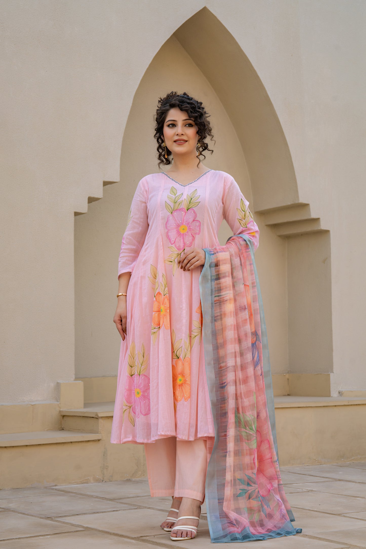 Baby Pink Hand Painted Anarkali Kurta Pant with Kota Doria Dupatta