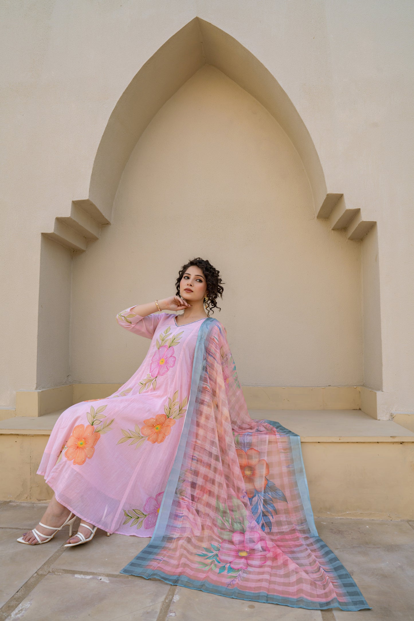 Baby Pink Hand Painted Anarkali Kurta Pant with Kota Doria Dupatta