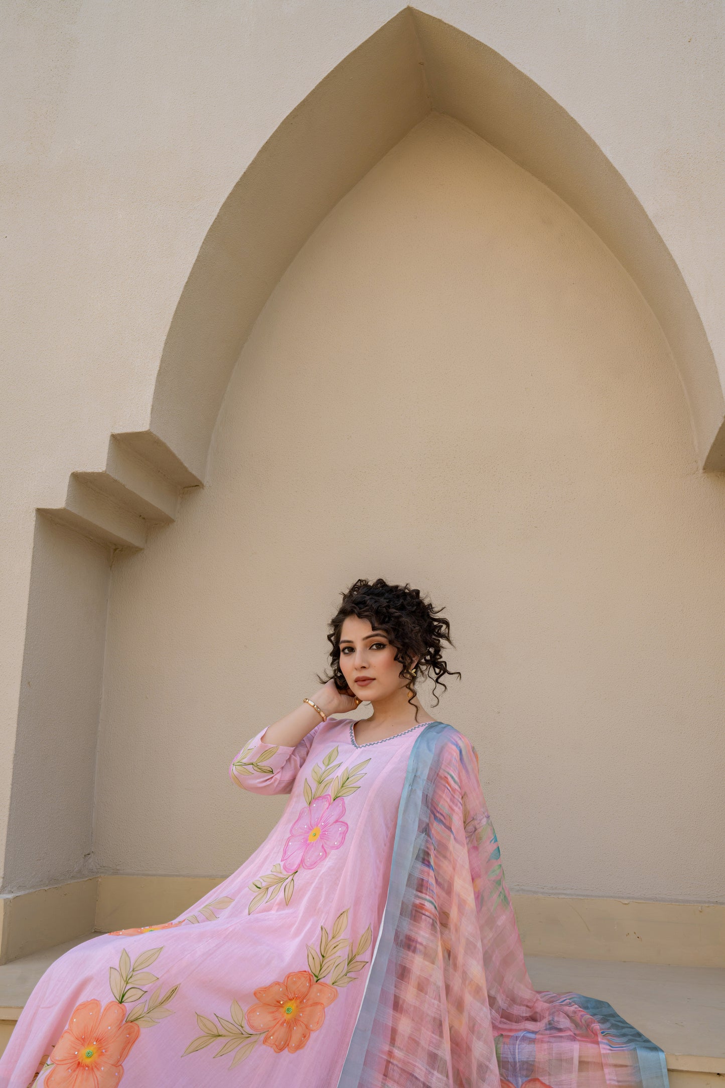 Baby Pink Hand Painted Anarkali Kurta Pant with Kota Doria Dupatta