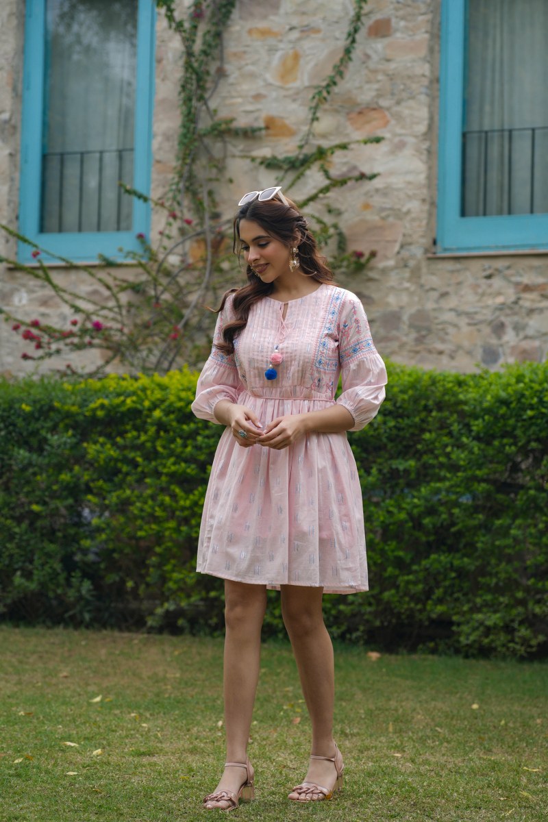 Baby Pink Cotton Embroidered Short Dress