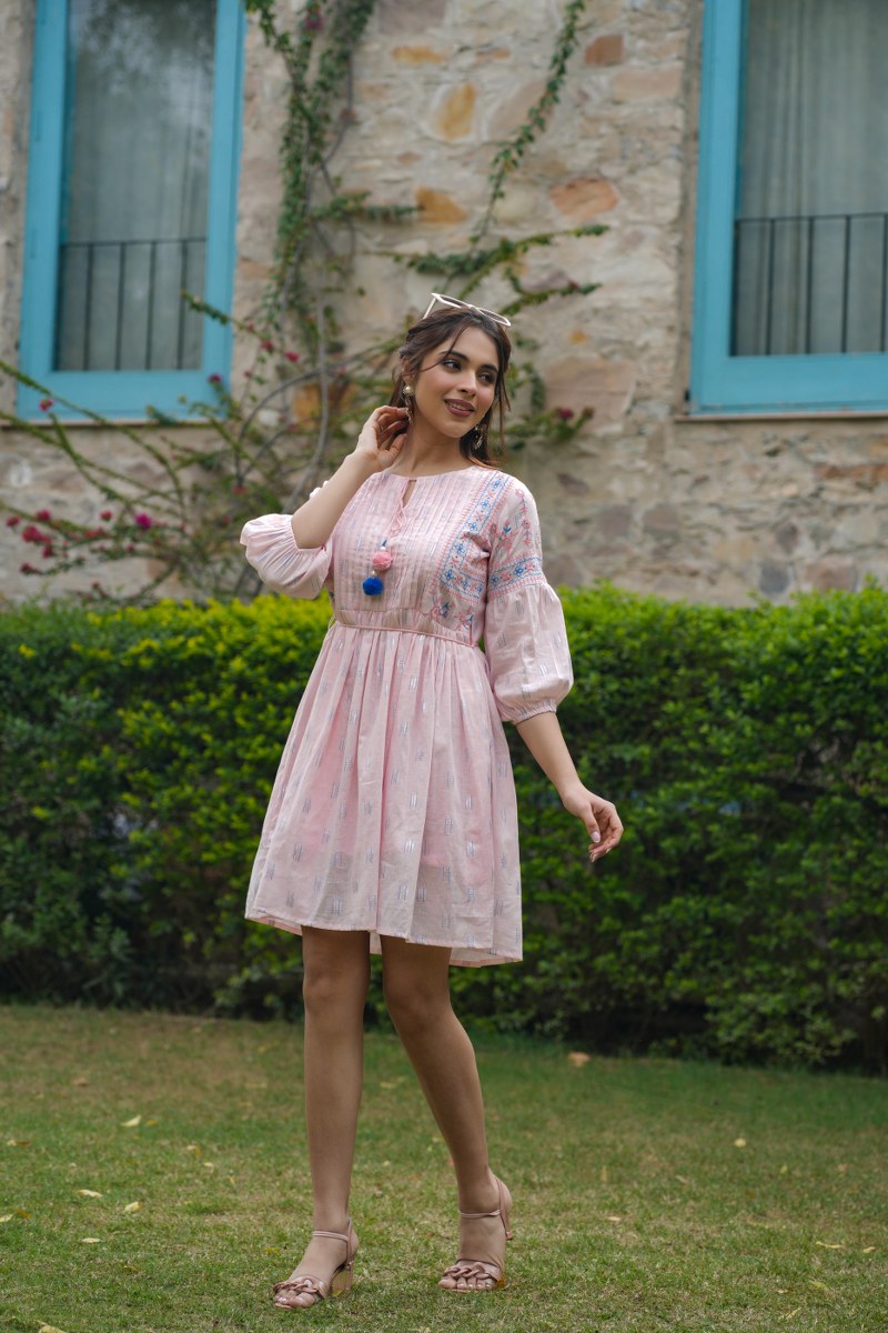 Baby Pink Cotton Embroidered Short Dress