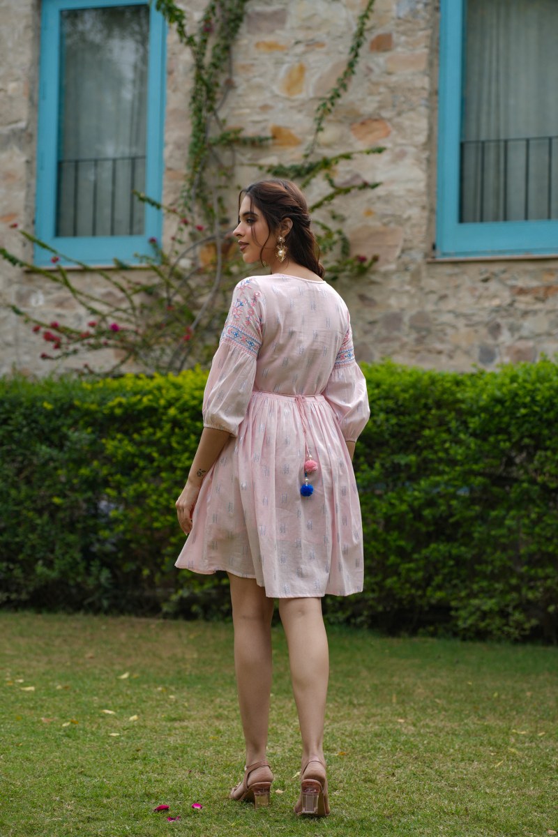 Baby Pink Cotton Embroidered Short Dress