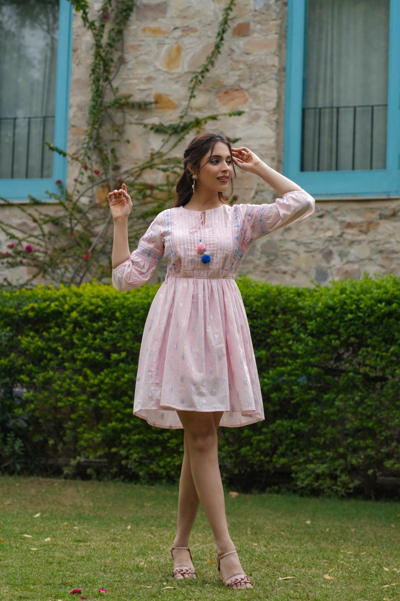 Baby Pink Cotton Embroidered Short Dress